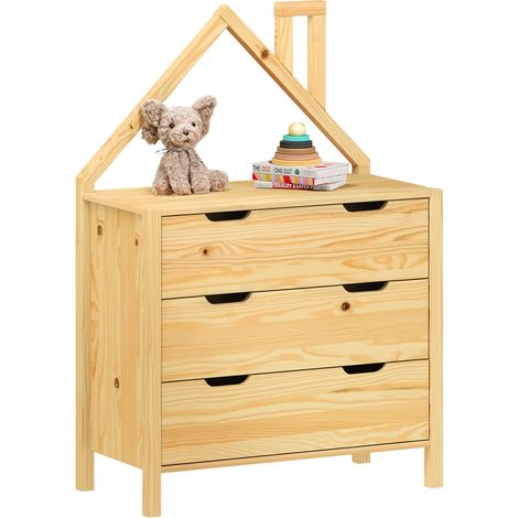 Idimex – Commode enfant en pin massif 3 tiroirs – Coloris naturel – Dimensions intérieures 71x29cm – Design ludique pour chambre