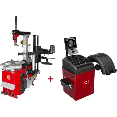 Mw Tools – Démonte-pneu 3x400V avec bras inclinable – Équilibreuse de roues 24 pouces – Gonfleur digital – Pour pneus de voitures et motos