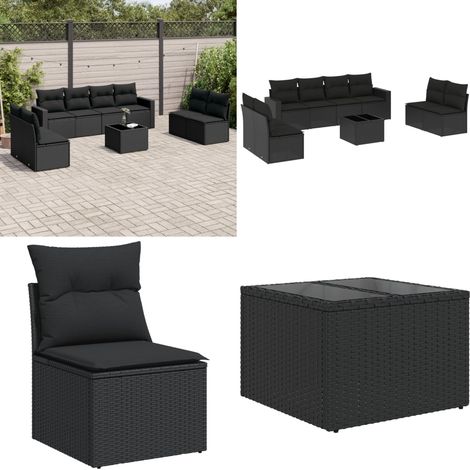 9-tlg. Garten-Sofagarnitur mit Kissen Schwarz Poly Rattan - Gartenmöbel Set - PE-Rattan Möbel - Outdoor Sofa - Esstisch - Lounge Garnitur - Home & Living (1/5)