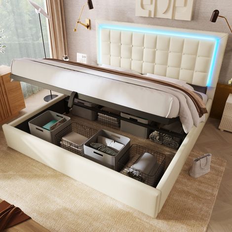 REDOM - Lit coffre 160x200 cm avec LED et lattes en PU blanc (Avec matelas) (1/5)