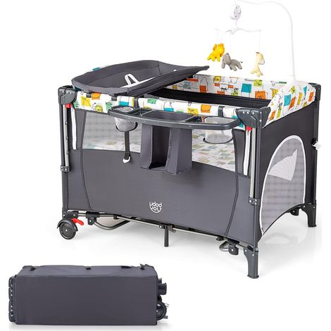 Goplus – Lit bébé 5 en 1 pliable et portable – Table à langer – Berceau cododo réglable en hauteur – Tissu velours respirant – Roues avec freins
