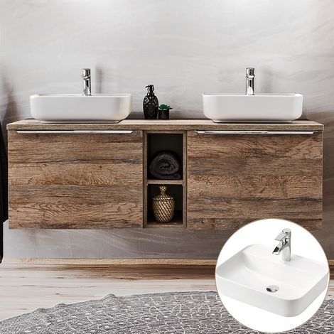 Doppelwaschtisch-Unterschrank 140cm mit 2 Keramikbecken PUEBLA-56 in Vintage Oak, B/H/T ca.: 140,4/62,5/46 cm (1/5)