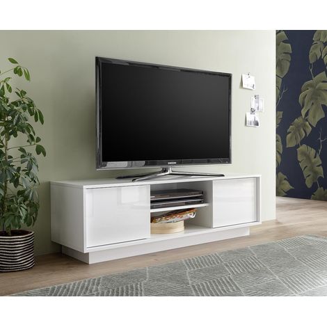 Meuble TV à roulettes moderne blanc laqué pour salon, 138cm, 2 portes, modèle Dener Ice. (1/4)