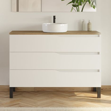 Meuble de salle de bain 120cm avec plateau miel et vasque à poser - sans miroir - 3 tiroirs - blanc - MATA (1/4)