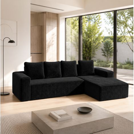 Sofá esquinero modular en forma de L con sillón reversible, no requiere montaje, pana negra. (1/5)