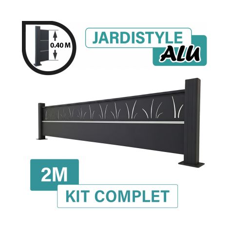 Kit Clôture Aluminium Gris Anthracite 2M - Design Tahiti avec liseré - Sur Platines - 0,40 mètre (1/2)