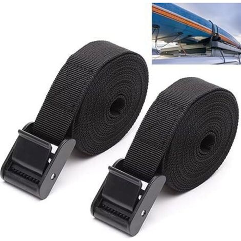 Lot de 2 sangles d'arrimage - 25 mm x 2 m de long - Noir - Design pointu - Sangle de fixation réglable avec boucle de serrage - Pour vélo, moto, bagages - Camping (noir) (1/4)