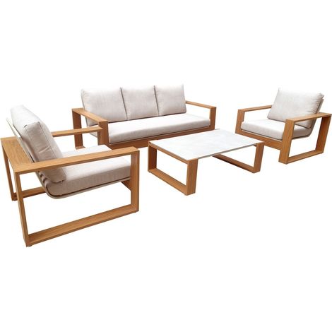 PROLOISIRS Salon de jardin 4 pièces en aluminium avec coussins - LASER - Coloris chêne et crème