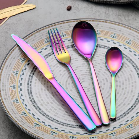 Ensemble de couverts arc-en-ciel 4 pièces, ensemble d'ustensiles de cuisine en acier inoxydable robuste, titane, plaqué coloré, résistant à la rouille (1/5)