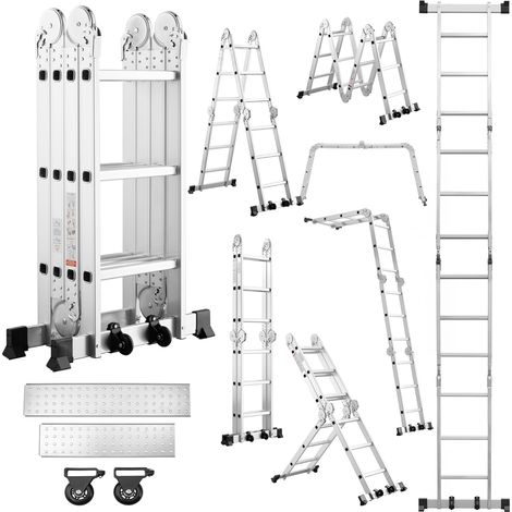 TEENO 3,6 m Scala Multifunzione 7 in 1, 4 x 3 Gradini Scala Trasformabile 20 Gradini, Scala Pieghevole in Alluminio con 2 Piattaforme, Piedini in Gomma, 2 Ruote Rimovibili, Carico 150 kg, Argento (1/5)