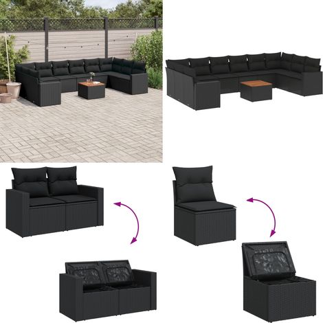 11-tlg. Garten-Sofagarnitur mit Kissen Schwarz Poly Rattan - Gartenmöbel Set - Esszimmergarnitur - Outdoor Möbel - Lounge Set - Balkonmöbel - Home & Living (1/5)
