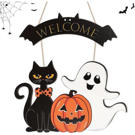 Halloween TüTürschild 45 x 35cm, Kürbis Geist Katze Deko für Haustür – perfekt als Geschenk für Tierfreunde (1/5)
