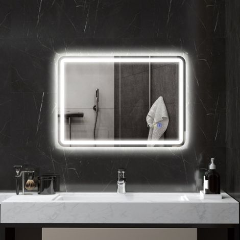 Bluetooth-Badezimmerspiegel mit Beleuchtung – 50 x 70 cm, LED-Badezimmerspiegel, beschlagfrei, 3000–6500 K, dimmbar, Memory-Funktion, HD-Sicherheitsglas, IP44, horizontal/vertikal [Energieklasse E]