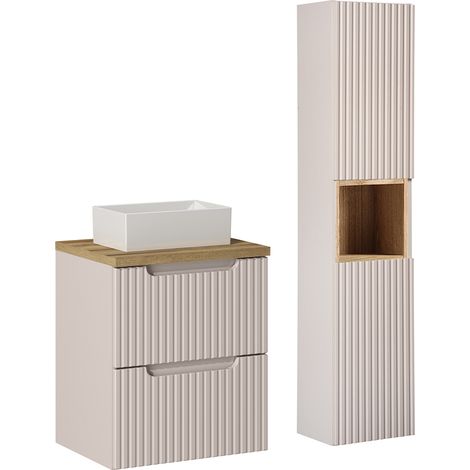 Conjunto de muebles con lavabo individual 50cm 2 cajones y columna Riva Cachemira y Madera