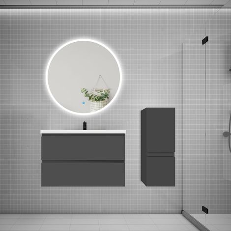 Ensemble meuble vasque L.79cm 2 tiroirs + lavabo + LED miroir rond 90cm + colonne,anthracite (1/5)