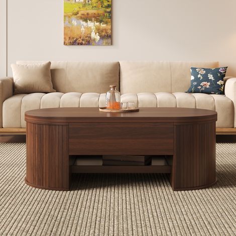 Table Basse Relevable 110x55cm - Plateau Réglable - Rangement Intérieur - Étagère Extractible - Design Bois - Capacité 20kg - Noyer (1/5)