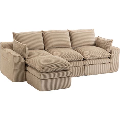 Canapé modulable 3 places en velours côtelé kaki avec pouf, coussins et poches latérales, assise confortable à ressorts, idéal salon, bureau, CHICFURN (1/5)