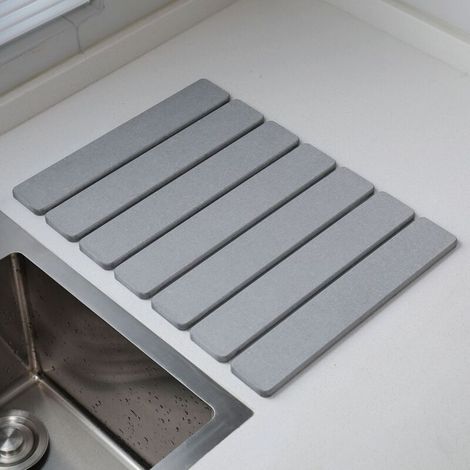 Dish drying mat, 40x30cm, water-absorbing diatomaceous earth mat for kitchen, foldable, quick-drying stone dish drying mat for dishes, bottles, cups, suitable for any countertop (grey)
