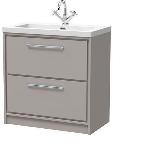 Balterley Longnor Modern Bathroom Floor Standing 2 Soft-Close Drawer Vanity Fireclay Basin, Pebble Grey, 800mm