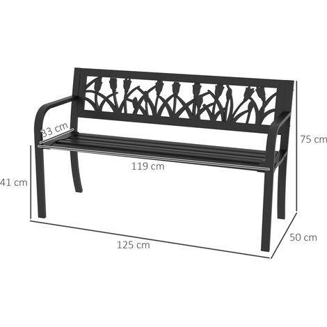 Banc de jardin deux places en acier avec dossier et accoudoirs décorés, 125 x 50 x 75 cm, noir (1/5)