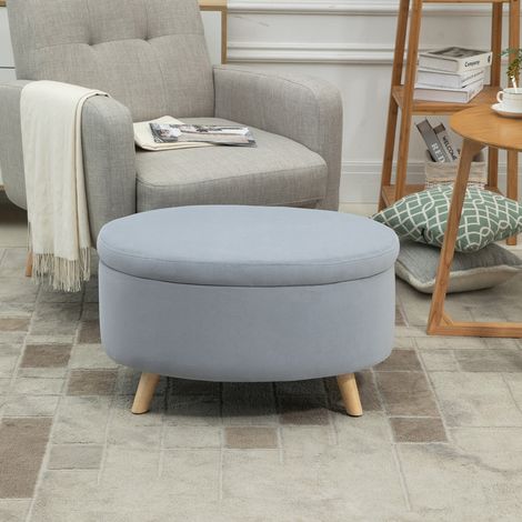 Puff Almacenaje Ovalado, Banco Almacenaje, 71x51,5x42 cm, Tapizado en Terciopelo, con Patas de Madera Maciza, Carga 120 kg, para Sala de Estar, Dormitorio, Entrada, Gris (1/5)