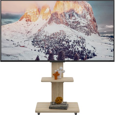 Support TV mobile avec étagère pour téléviseurs 32 à 75 pouces, hauteur réglable, pied sur roulettes verrouillables, finition naturelle B60 x P40 cm