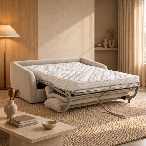 DAEL Canapé 3 places convertible en tissu blanc écru (1/5)