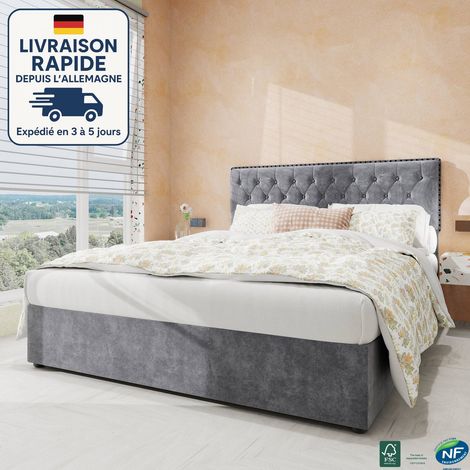 Cama con almacenaje tapizada en tela 140x200 - Elementos remachados - Revestida en lana holandesa - capitoné - Minimalista y elegante - Madera con certificación PEFC - Gris (1/5)