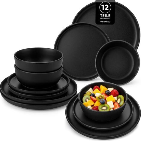 Geschirrset Steingut 12tlg 4 Personen Schwarz 12 Teile Set Schwarz