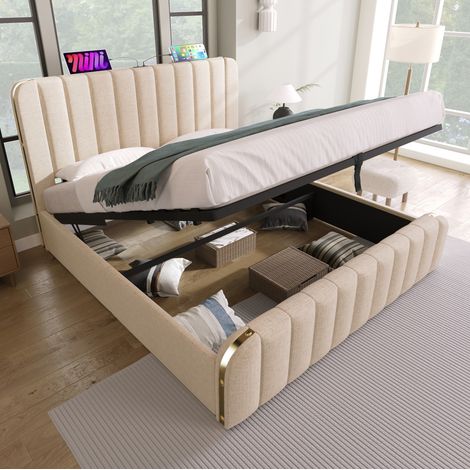 Lit double capitonné moderne 140x190 cm en lin beige avec tête de lit USB/Type-C et coffre de rangement hydraulique