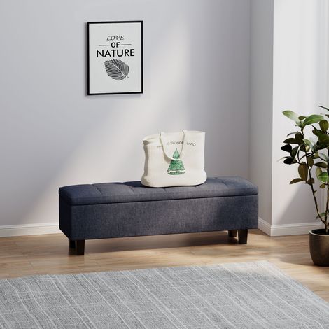 Banco de almacenamiento con aspecto de lino, con patas de madera de caucho, para salón, dormitorio, pasillo, gris oscuro. (1/5)
