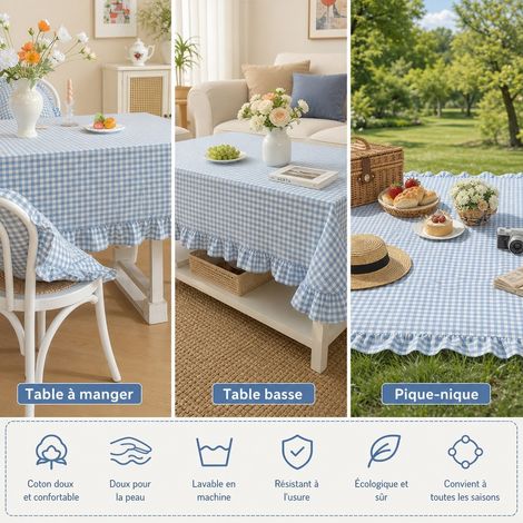 Nappe Carreaux Bleus Volants Coton Lave 140 x 180 cm Style Campagne Table Famille (1/4)