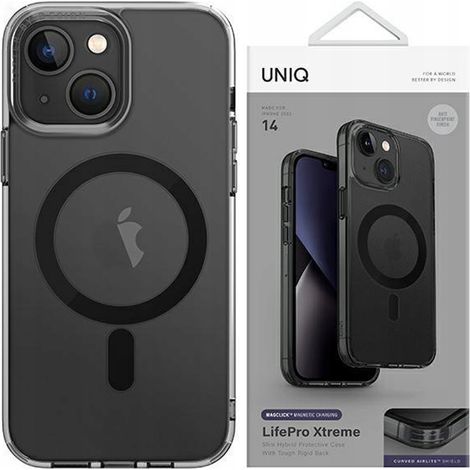 Funda Uniq LifePro Xtreme para iPhone 14 / 15 / 13 6.1 Magclick Charging, color negro/gris humo. (1/5)