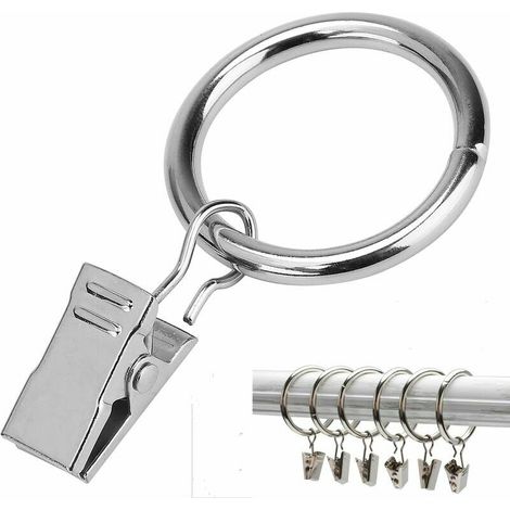 20 pièces anneaux de rideaux en acier inoxydable avec clips Crochets de rideaux de 38 mm, anneaux de rideaux, anneaux de douche pour rideaux et tringles (argent)