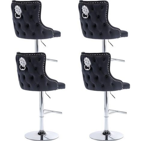 Wahson Set of 4 Velvet Bar Stools with Lion Knocker, Adjustable Height Swivel Counter Chairs with Backrest, Kitchen Island Stools for Home Bar, Pub & Dining Room, Black