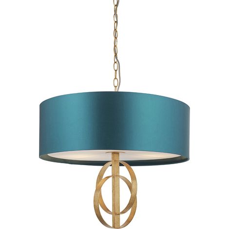 Merano Trento Plafonnier à 3 ampoules Feuille d'or antique et tissu satiné bleu sarcelle