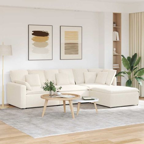 Modulares Sofa mit Hocker Kissen Stoff in Lammwolloptik Creme vidaXL (1/5)