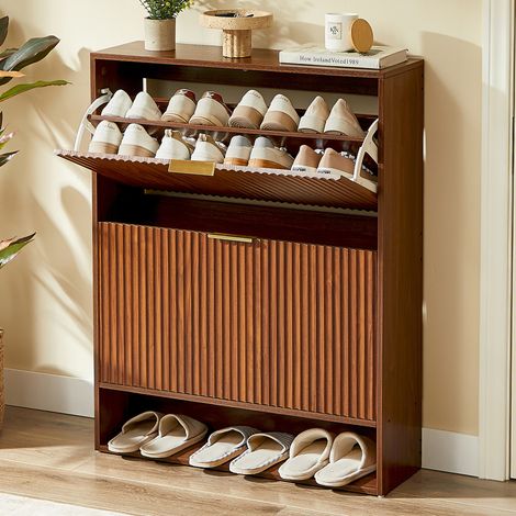 Meuble à chaussures en MDF noyer 80 x 24 x 102 cm avec portes abattantes, tablettes réglables et fixation murale (1/5)