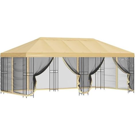 Un gazebo avec parois latérales, 6 x 3 mètres, en fibre de polyester beige et structure en acier, 190 cm de haut. (1/5)
