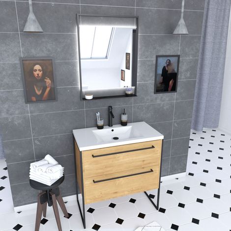 pack meuble sdb 80cm sur pieds 2 tiroirs chene - vasque resine blanche + miroir led (1/4)
