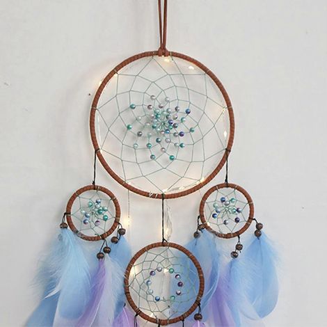 Attrape-rêves à 4 anneaux, filet circulaire tissé de perles, pompon en plumes colorées, carillon éolien, décoration murale indienne pour chambre à coucher (1/4)