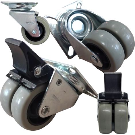 Set di 4 ruote piroettanti doppie con freno, 50 mm, portata 300 kg, in poliuretano. (1/5)