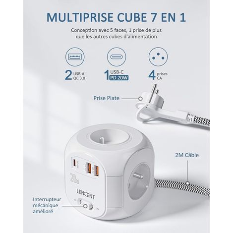 Cube rallonge multiprise Fiche Plate 20W 2M (1/4)