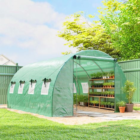 Serre Tunnel de Jardin 12m² (295x400x200cm) - 2 Portes + 8 Fenêtres, Bâche PE 140g/m², Vert