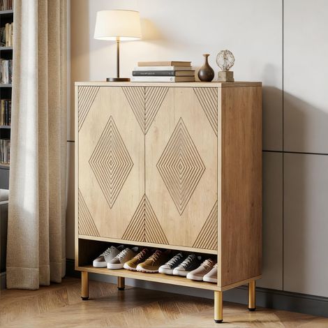 Scarpiera in legno con 7 ripiani, vano inferiore aperto, stile classico con maniglie e gambe in metallo, colore naturale (1/5)