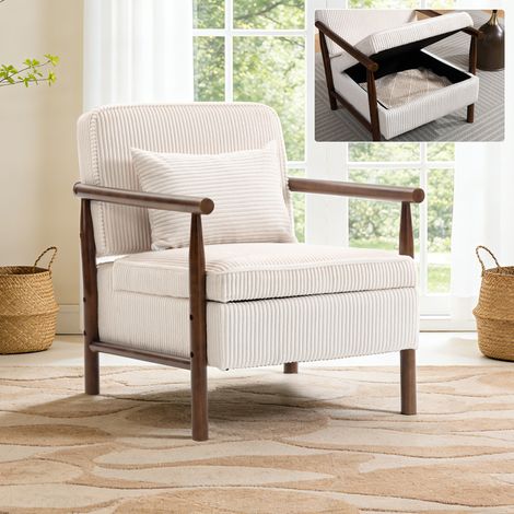 REDOM - Sillón lounge, estructura de madera, terciopelo blanco, cojín lumbar, almacenamiento integrado (1/5)