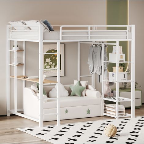 lit mezzanine adulte rangement bureau 90x200 metal blanc OKMYHOME (1/5)