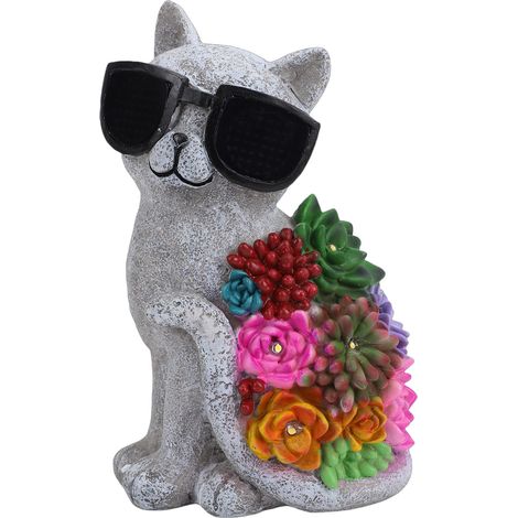 Statua di gatto solare con occhiali, luci a LED, statuetta in resina unica per decorare giardino e cortile. (1/5)