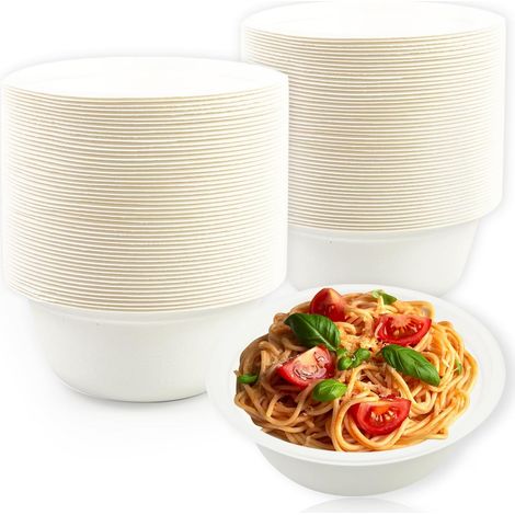 100 Stück Einweg-Papierschalen aus Bagasse und Zuckerrohr, kompostierbare Suppenschalen, Einweggeschirr für Partys (weiß, 350 ml)