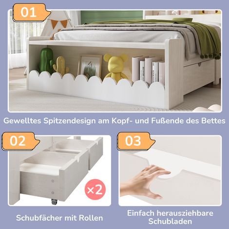 Lit enfant, lit simple, lit coffre avec tiroirs, étagère et banc de rangement, lit en bois 90x200 cm, cadre de lit et sommier à lattes en bois, blanc avec finition chêne (sans matelas) (1/5)